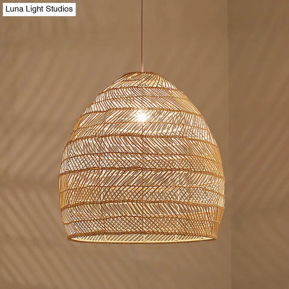 Suspension en osier cloché ronde beige naturel noir de style oriental, douille simple E26/E27, salon, salle à manger | Sulvida