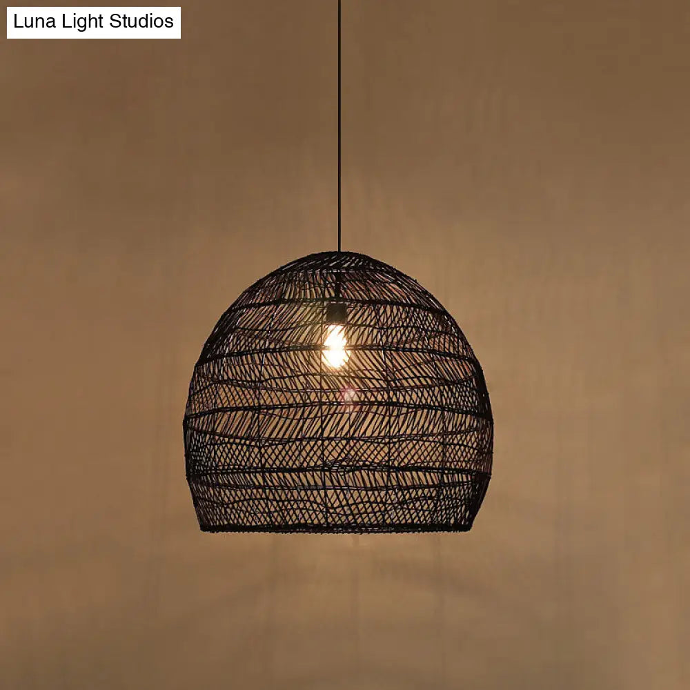 Suspension en osier cloché ronde beige naturel noir de style oriental, douille simple E26/E27, salon, salle à manger | Sulvida
