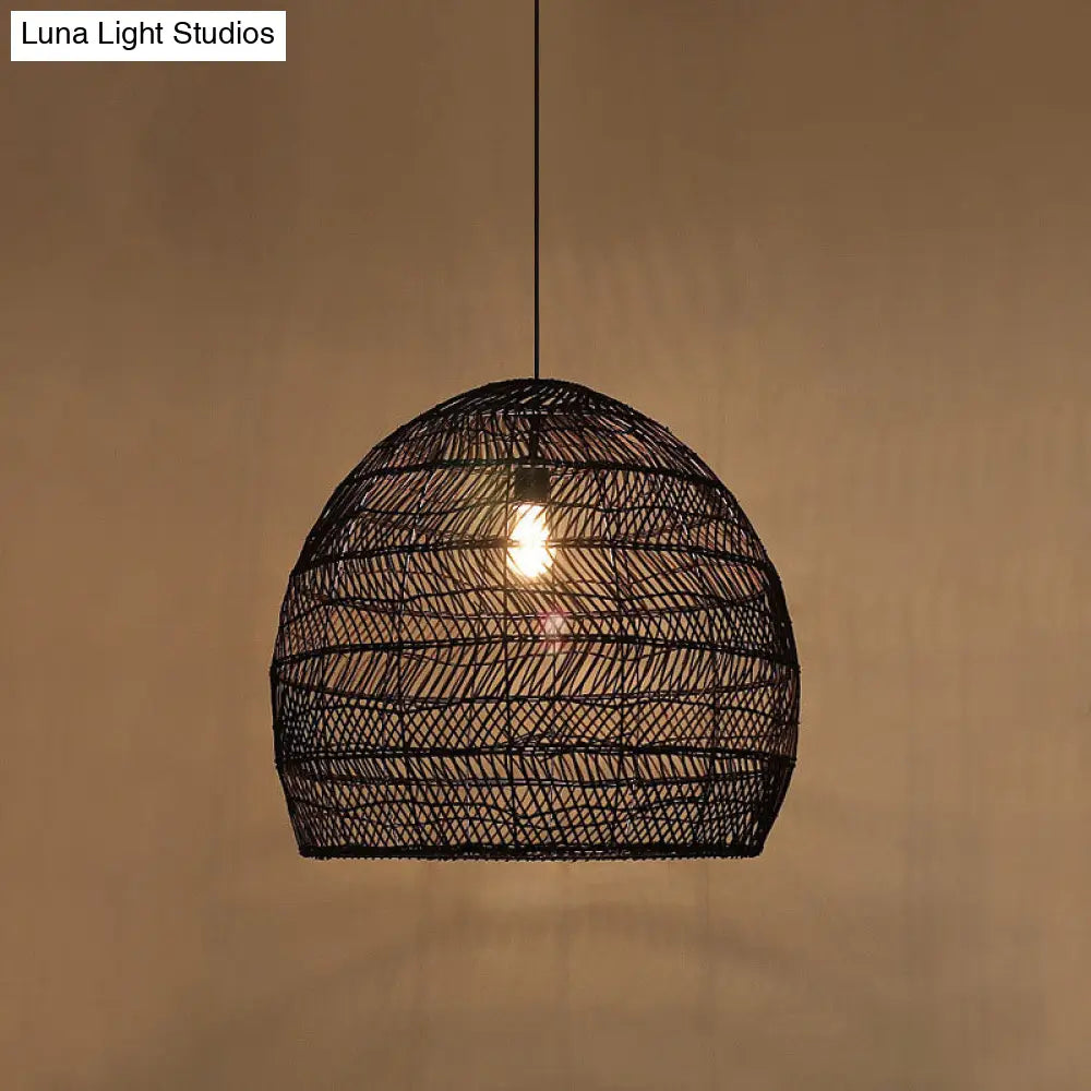Suspension en osier cloché ronde beige naturel noir de style oriental, douille simple E26/E27, salon, salle à manger | Sulvida