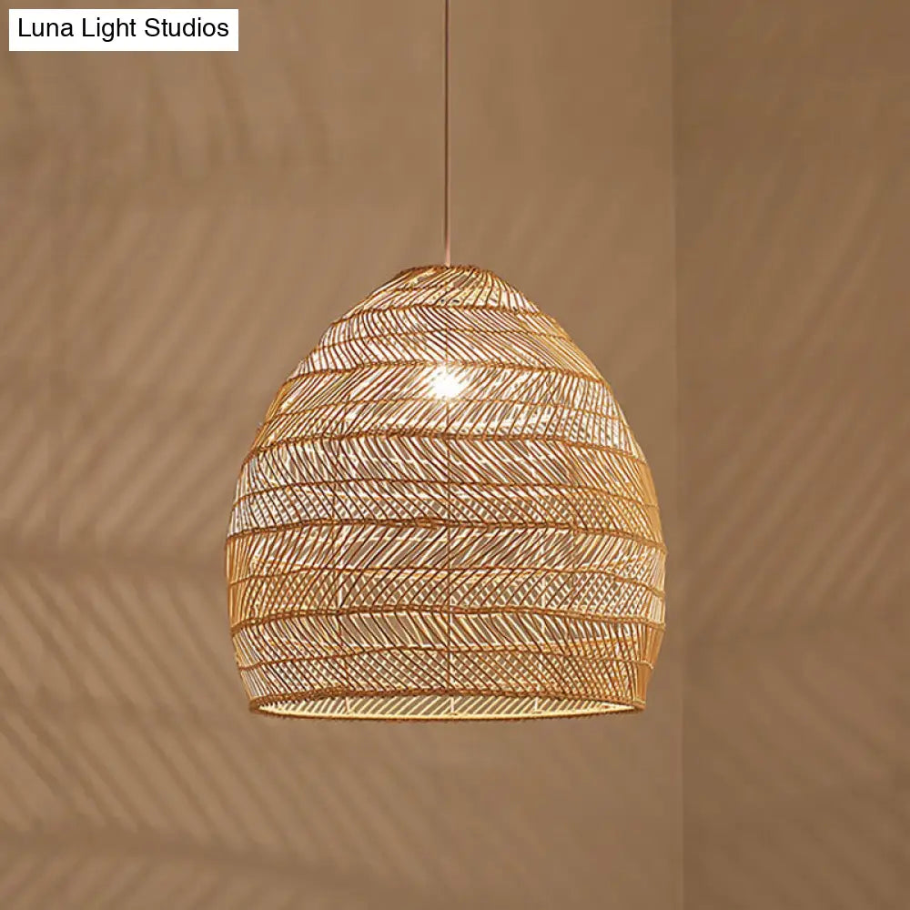 Suspension en osier cloché ronde beige naturel noir de style oriental, douille simple E26/E27, salon, salle à manger | Sulvida