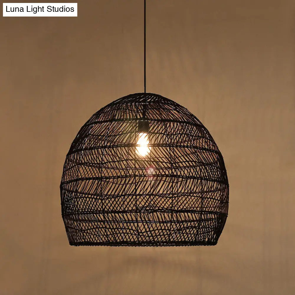 Suspension en osier cloché ronde beige naturel noir de style oriental, douille simple E26/E27, salon, salle à manger | Sulvida