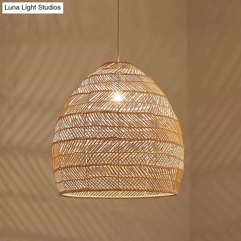 Suspension en osier cloché ronde beige naturel noir de style oriental, douille simple E26/E27, salon, salle à manger | Sulvida
