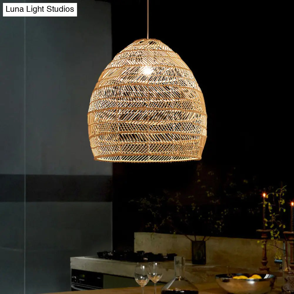 Suspension en osier cloché ronde beige naturel noir de style oriental, douille simple E26/E27, salon, salle à manger | Sulvida