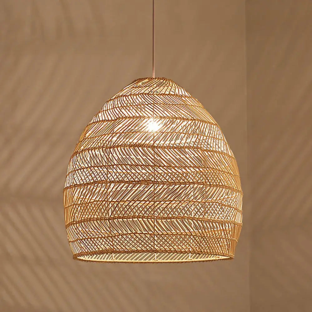 Suspension en osier cloché ronde beige naturel noir de style oriental, douille simple E26/E27, salon, salle à manger | Sulvida