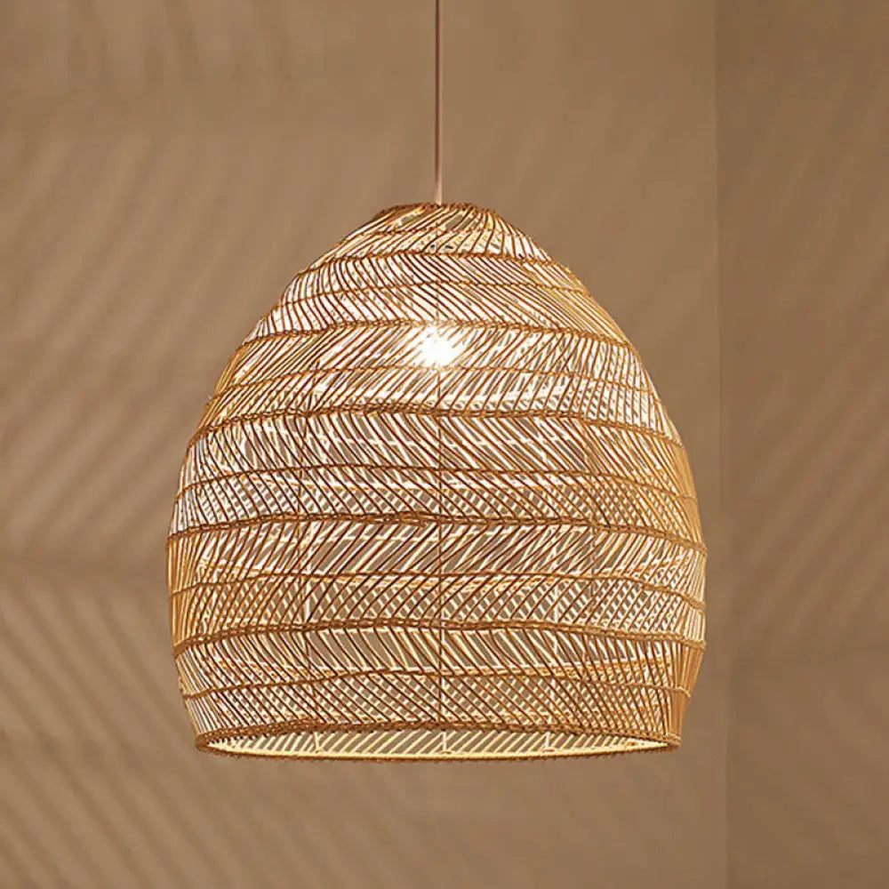 Suspension en osier cloché ronde beige naturel noir de style oriental, douille simple E26/E27, salon, salle à manger | Sulvida