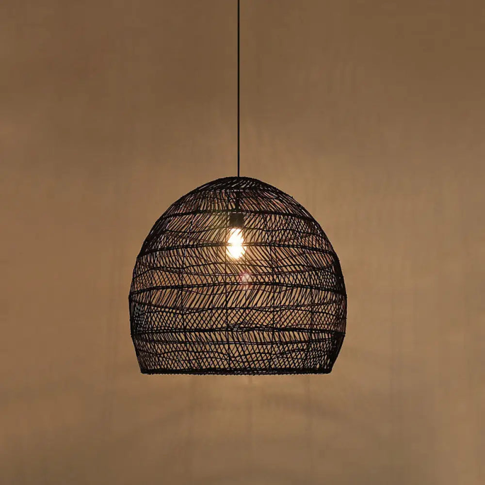 Suspension en osier cloché ronde beige naturel noir de style oriental, douille simple E26/E27, salon, salle à manger | Sulvida