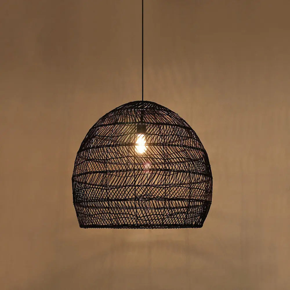 Suspension en osier cloché ronde beige naturel noir de style oriental, douille simple E26/E27, salon, salle à manger | Sulvida