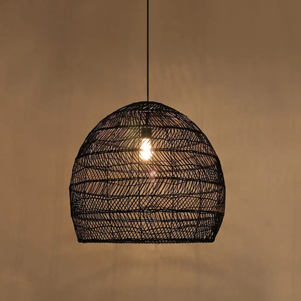 Suspension en osier cloché ronde beige naturel noir de style oriental, douille simple E26/E27, salon, salle à manger | Sulvida
