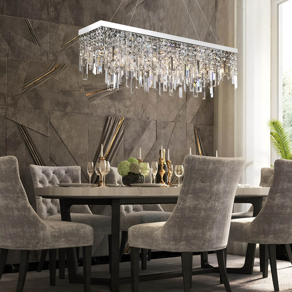 Rechthoekige kristallen kroonluchter lineair design eetkamer woonkamer keuken modern staal glas 4-6 lichtpunten | Sulvida