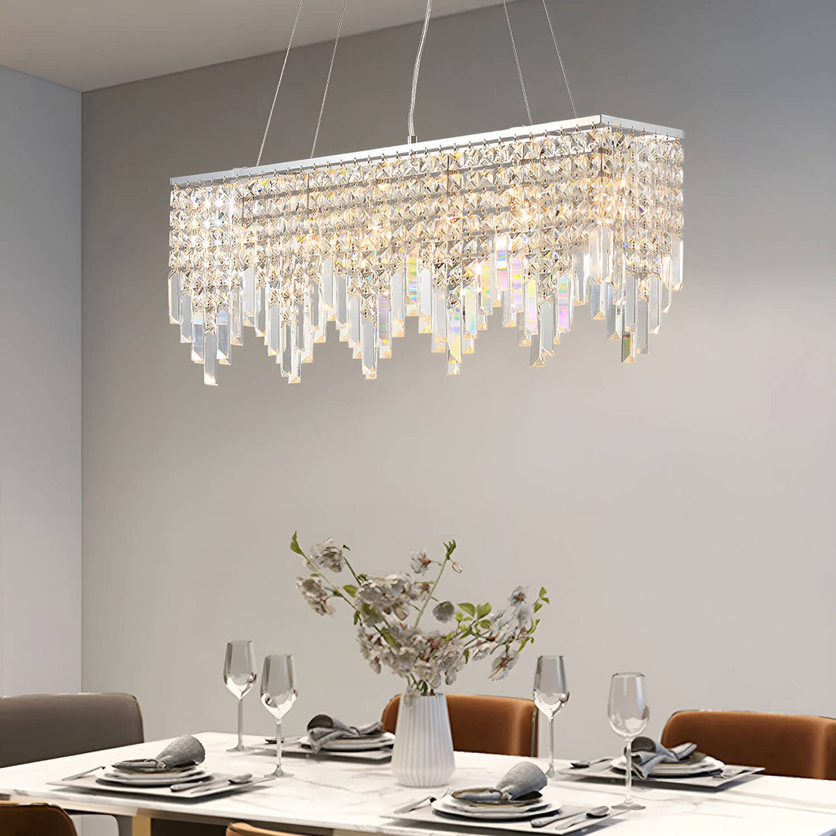 Rechthoekige kristallen kroonluchter lineair design eetkamer woonkamer keuken modern staal glas 4-6 lichtpunten | Sulvida