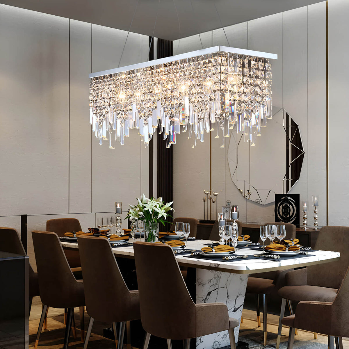 Rechthoekige kristallen kroonluchter lineair design eetkamer woonkamer keuken modern staal glas 4-6 lichtpunten | Sulvida