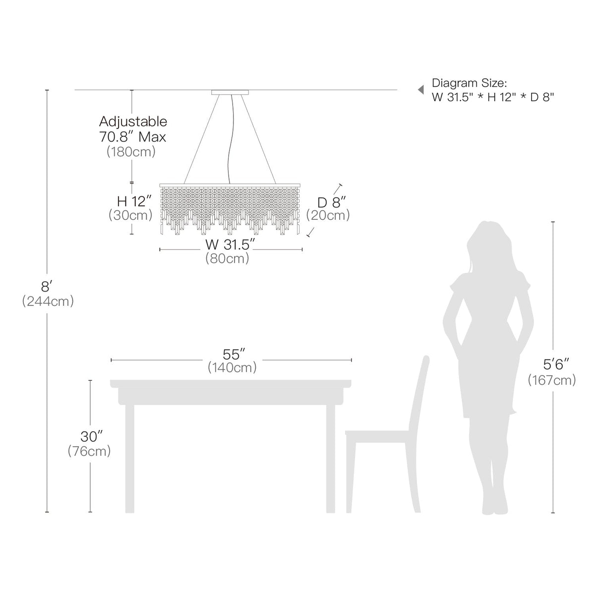 Rechthoekige kristallen kroonluchter lineair design eetkamer woonkamer keuken modern staal glas 4-6 lichtpunten | Sulvida