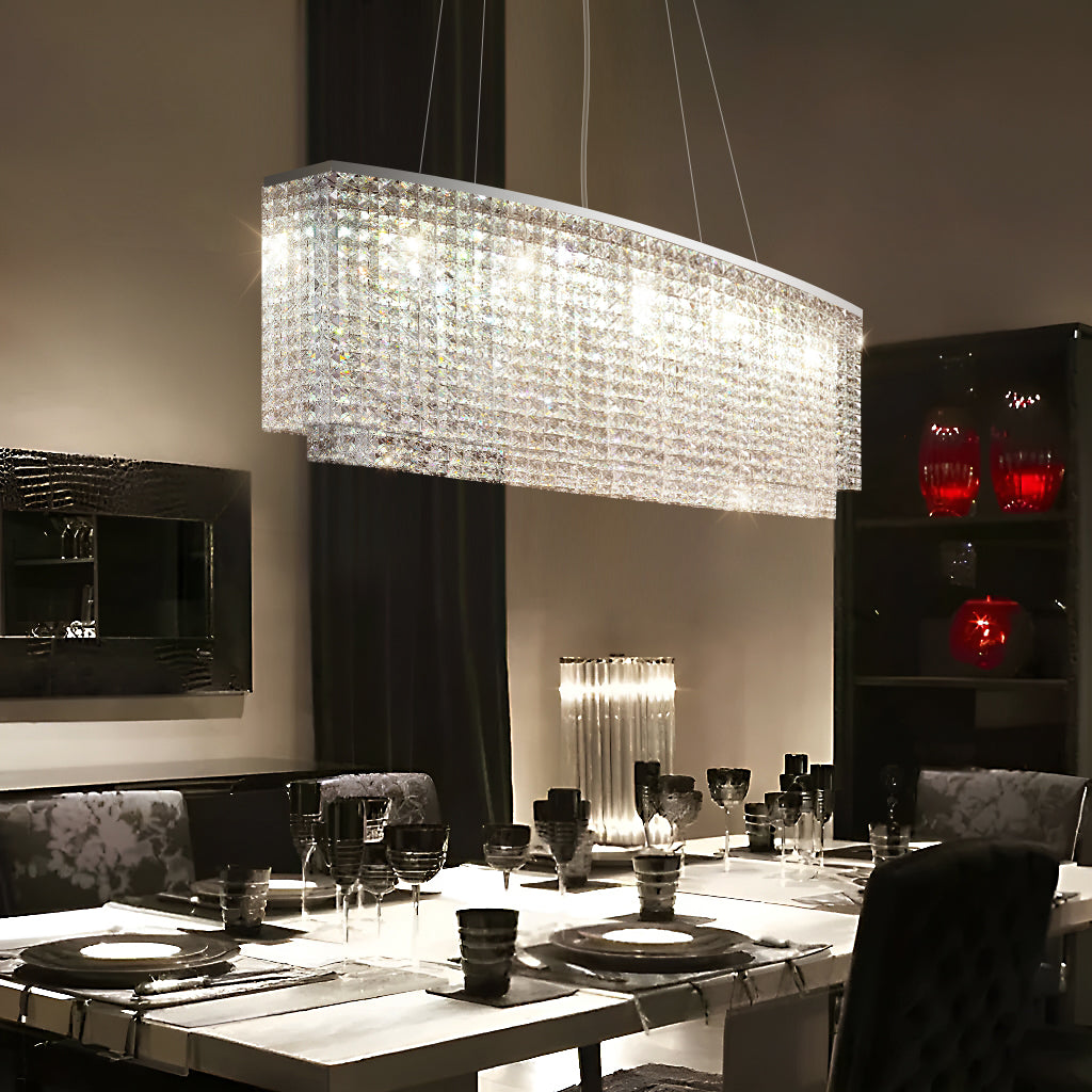 Rechthoekige kristallen kroonluchter chroom met dimfunctie eetkamer woonkamer moderne hanglamp interieur | Sulvida