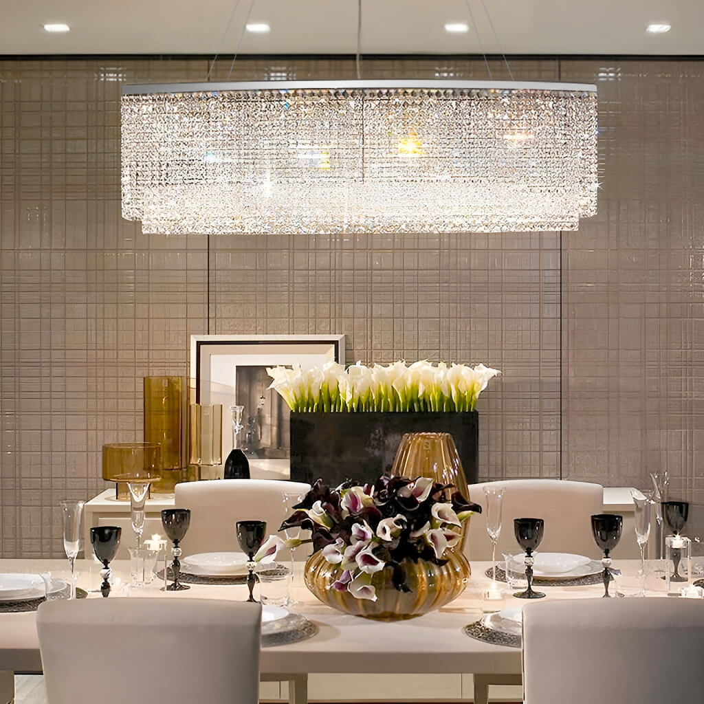 Rechthoekige kristallen kroonluchter chroom met dimfunctie eetkamer woonkamer moderne hanglamp interieur | Sulvida