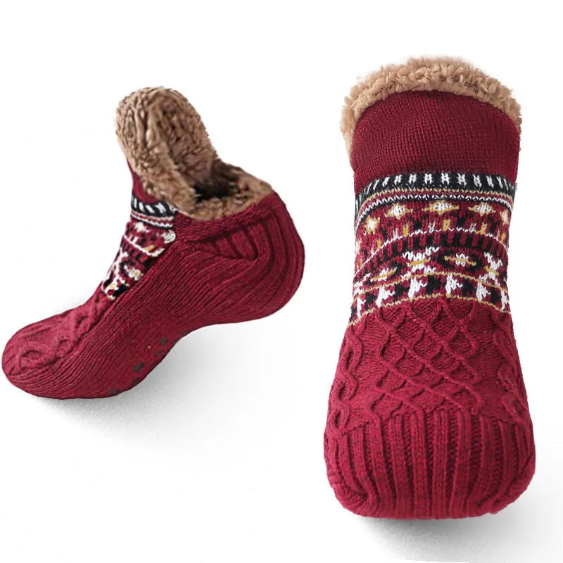 Warme Wintersokken met Sneeuwpatroon – Pluche Voering Antislip – Unisex Huissokken Dik Gevoerd Behaaglijk | Sulvida