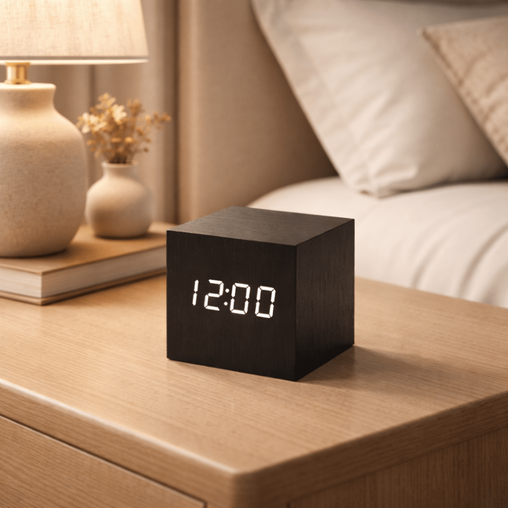Houten LED Wekker Kubus met Geluidactivering Temperatuurweergave Alarm Functie voor Slaapkamer Nachtkastje | Sulvida