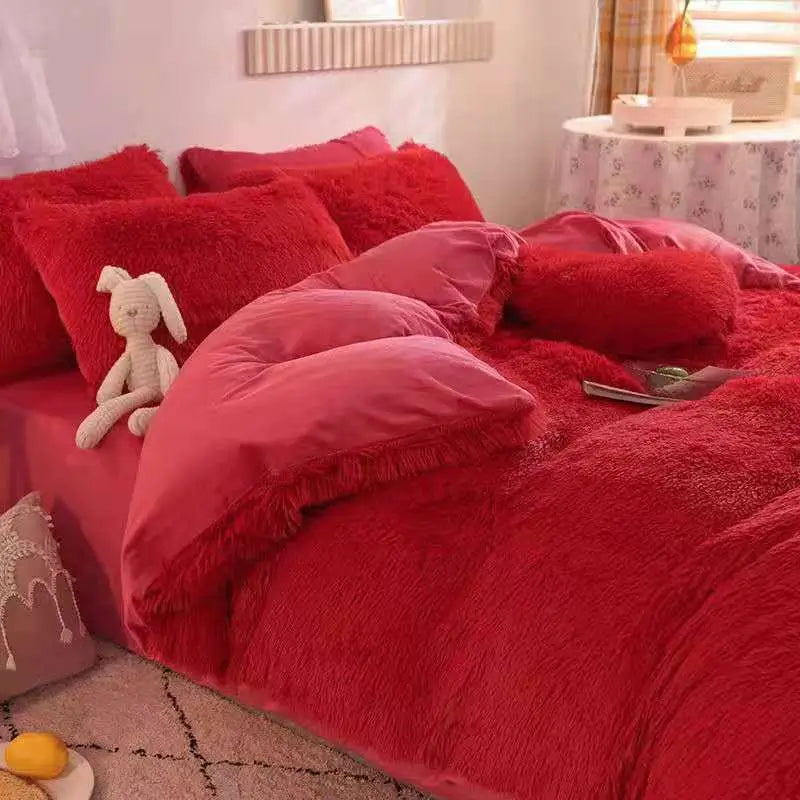 Plüsch-Fleece-Bettwäsche-Set, winterwarm, Teddy, 3-4-teilig, mit Bezug, Laken und Kissenbezügen | Sulvida