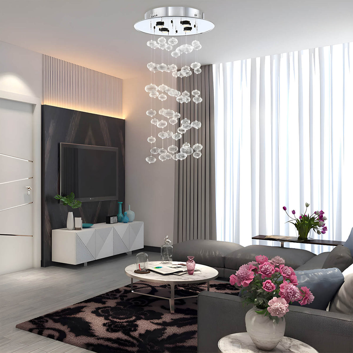 Glazen bollenhanglamp met ronde rozet | Kristalheldere luchtbellen plafondlamp eethoek vide woonkamer | Sulvida