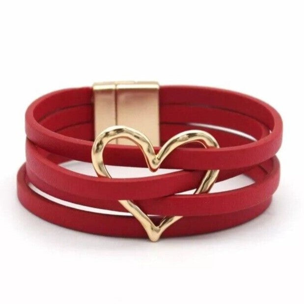 Leren Wikkelarmband Meerlaags Decoratief O-Detail Magneet Zwart Bruin Groen Navy Blauw Zilver Rood Hart | Sulvida