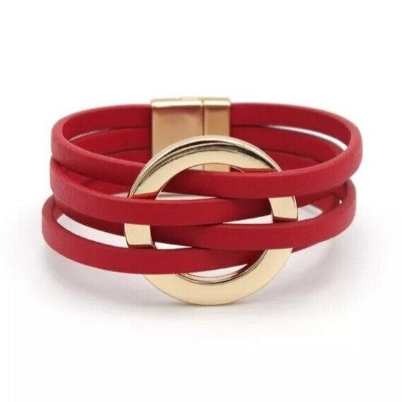 Leren Wikkelarmband Meerlaags Decoratief O-Detail Magneet Zwart Bruin Groen Navy Blauw Zilver Rood Hart | Sulvida