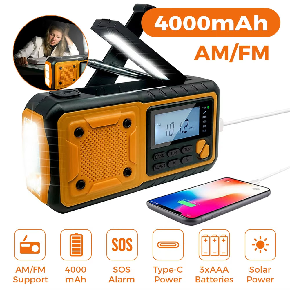 Radio d’urgence à énergie solaire et manivelle, batterie externe de 4000mAh, alarme SOS, radio FM AM et lampe torche pour les activités de plein air et le camping | Sulvida