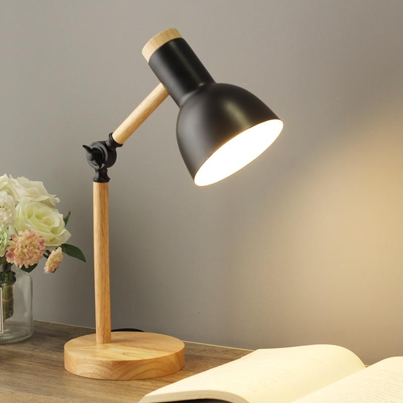 Scandinavische houten tafellamp met verstelbare kap in zwart wit groen geel roze voor bureau slaapkamer | Sulvida