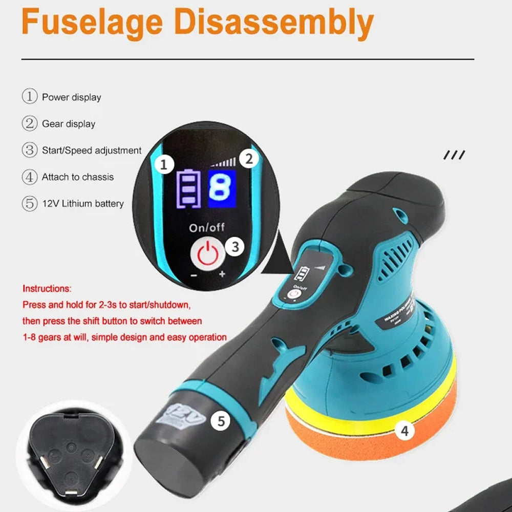 Polisseuse auto sans fil 12V au lithium, 8 vitesses, 2800-5500 RPM pour voitures avec raccord à baïonnette | Sulvida