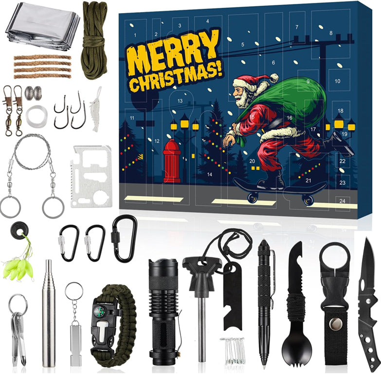 Calendrier de l’Avent kit de survie 24 cases, outils de plein air, équipement de bushcraft et de camping, cadeau de survie en pleine nature | Sulvida
