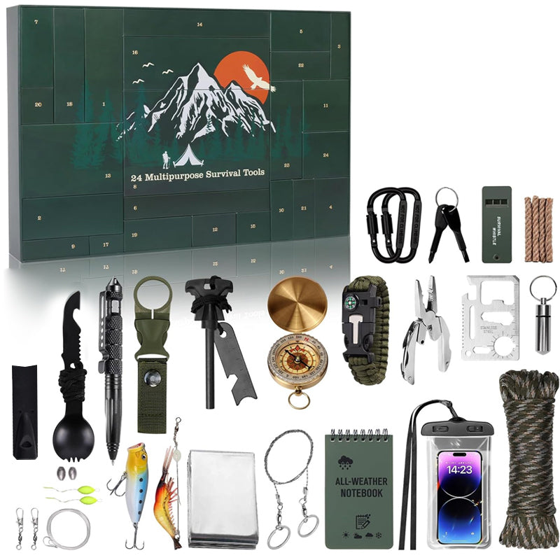 Calendrier de l’Avent kit de survie 24 cases, outils de plein air, équipement de bushcraft et de camping, cadeau de survie en pleine nature | Sulvida