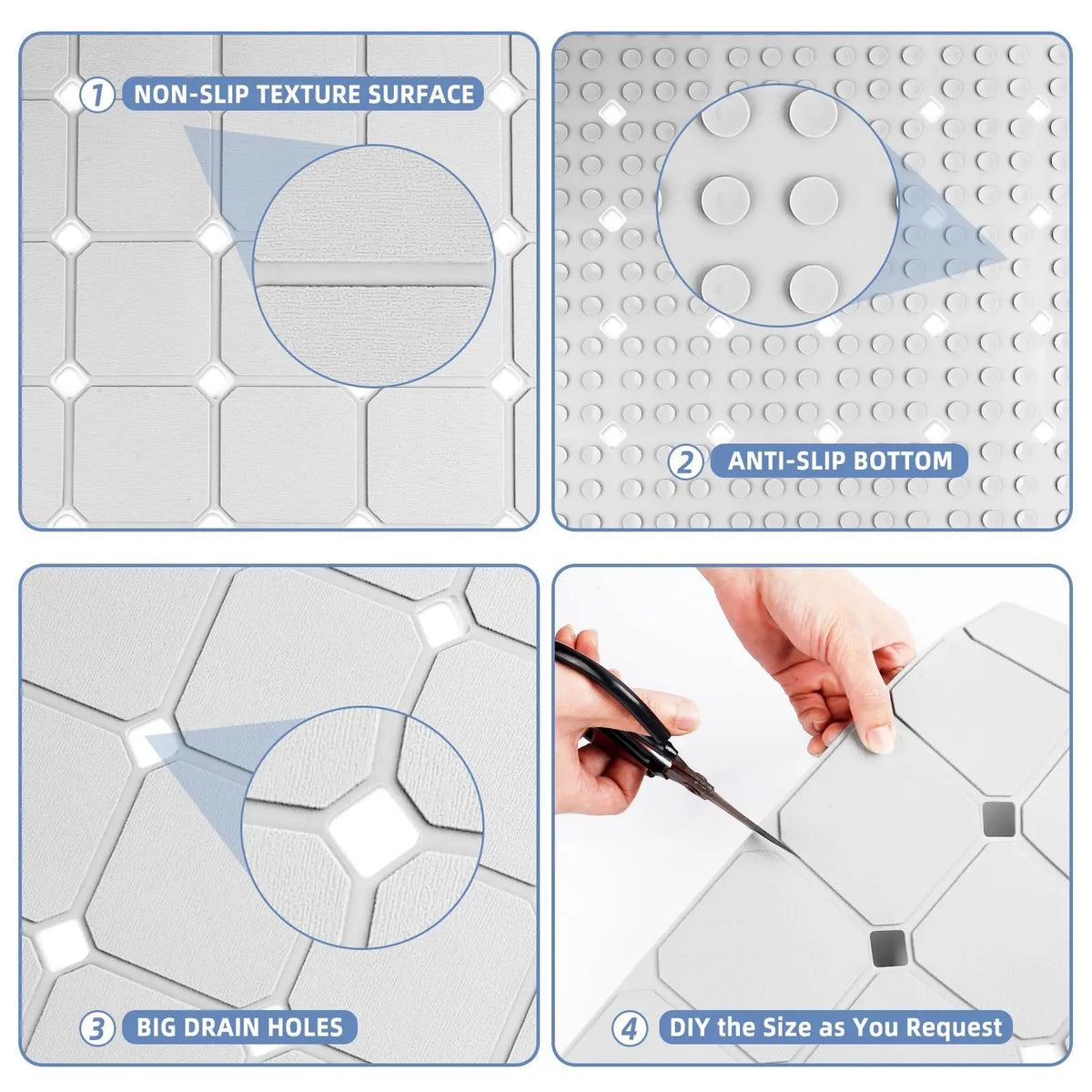 Antislip Badmat Siliconen met Zuignappen en Afvoergaten Vouwbaar voor Bad en Douche Badkamer 45×70 cm Grijs | Sulvida