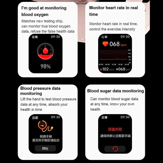 Smartwatch met Glucosemeting Fitnesstracking Hartslagmeter GPS Stappenteller 50+ Sportmodi Zwart Roze Unisex | Sulvida
