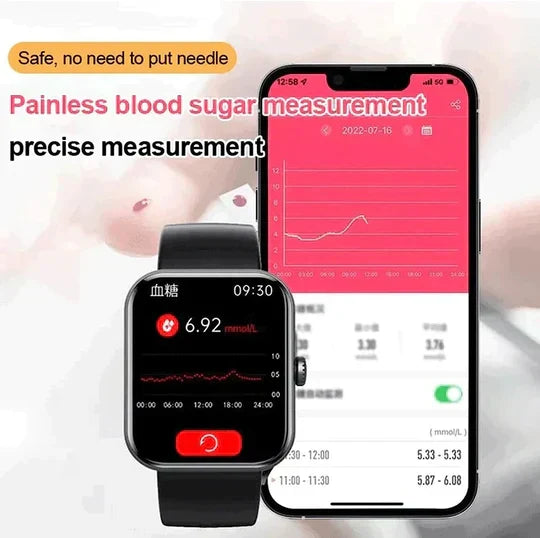 Smartwatch met Glucosemeting Fitnesstracking Hartslagmeter GPS Stappenteller 50+ Sportmodi Zwart Roze Unisex | Sulvida