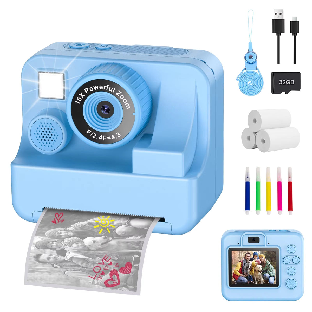 Appareil photo instantané avec impression pour enfants, appareil photo HD 1080P avec mémoire de 32GB et stylos de couleur, jouet créatif | Sulvida