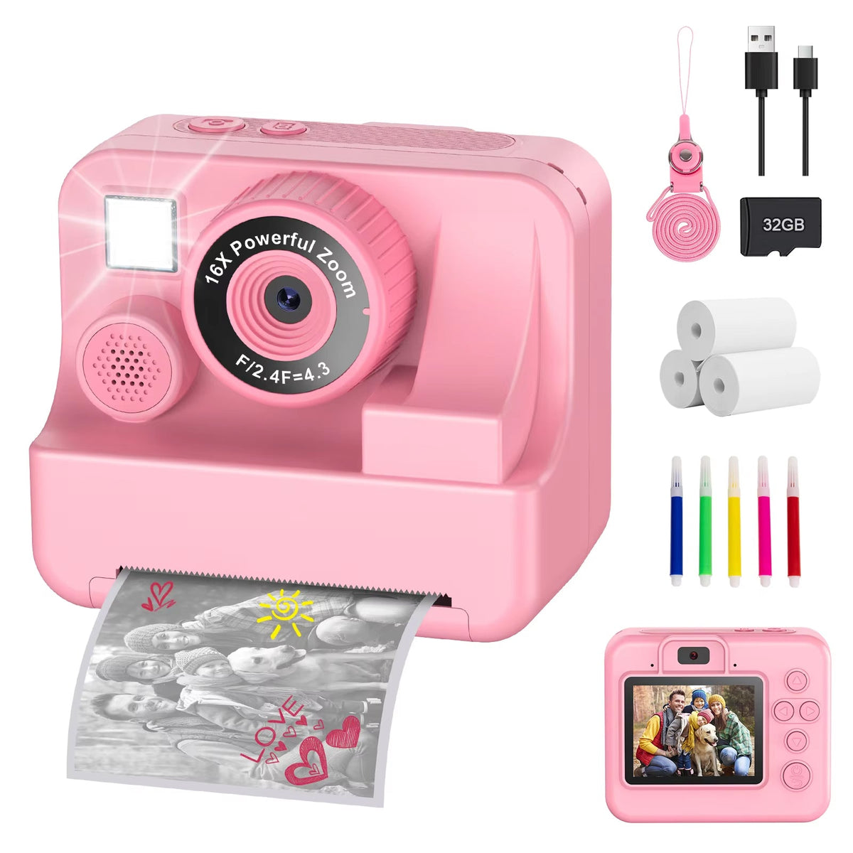 Appareil photo instantané avec impression pour enfants, appareil photo HD 1080P avec mémoire de 32GB et stylos de couleur, jouet créatif | Sulvida