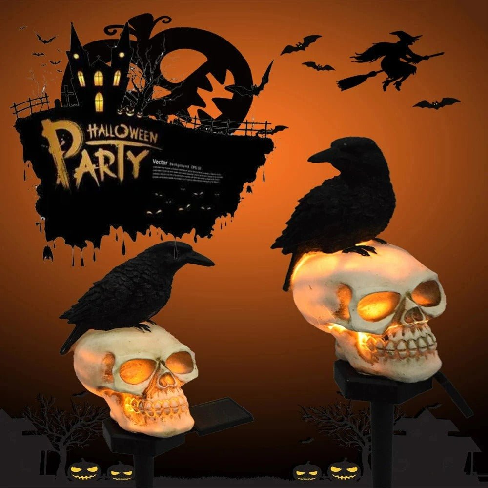 Zonne-energie Schedel LED Lamp met Raaf voor Tuin Halloween Decoratie Sfeervolle Buitenverlichting Gotisch | Sulvida