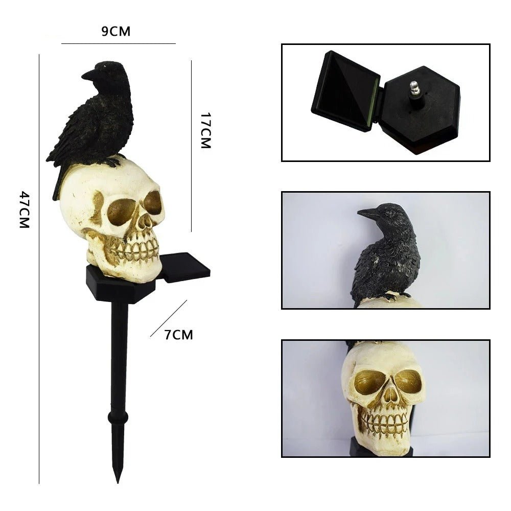 Zonne-energie Schedel LED Lamp met Raaf voor Tuin Halloween Decoratie Sfeervolle Buitenverlichting Gotisch | Sulvida