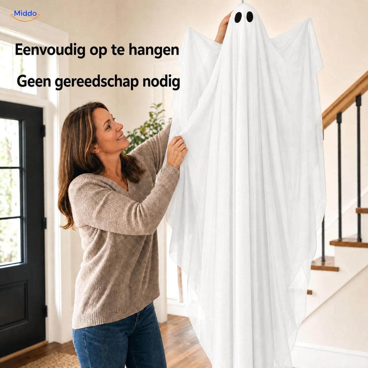 Hangend Halloween-spook 119 cm wit met zwarte ogen griezelige decoratiefiguur optioneel met LED-verlichting | Sulvida