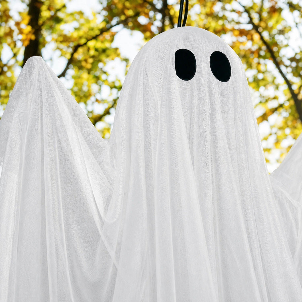 Hangend Halloween-spook 119 cm wit met zwarte ogen griezelige decoratiefiguur optioneel met LED-verlichting | Sulvida