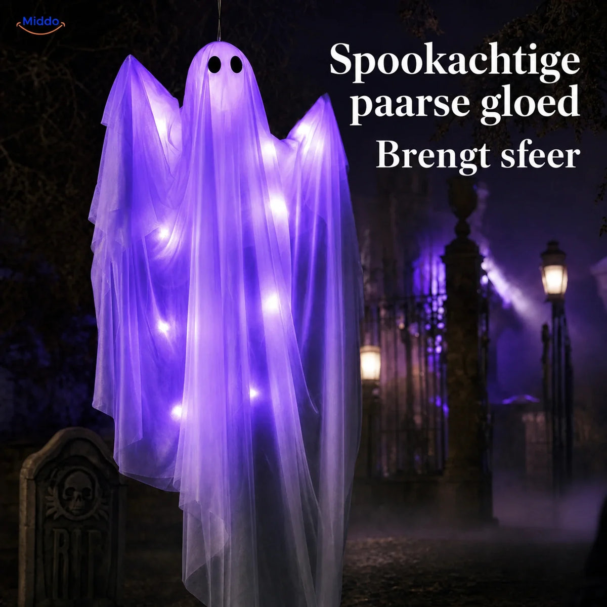 Hangend Halloween-spook 119 cm wit met zwarte ogen griezelige decoratiefiguur optioneel met LED-verlichting | Sulvida