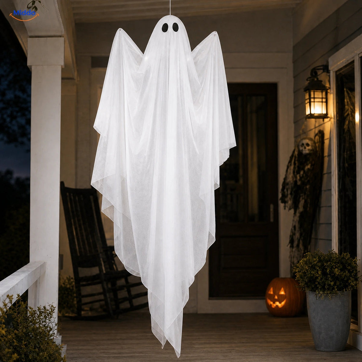 Hangend Halloween-spook 119 cm wit met zwarte ogen griezelige decoratiefiguur optioneel met LED-verlichting | Sulvida