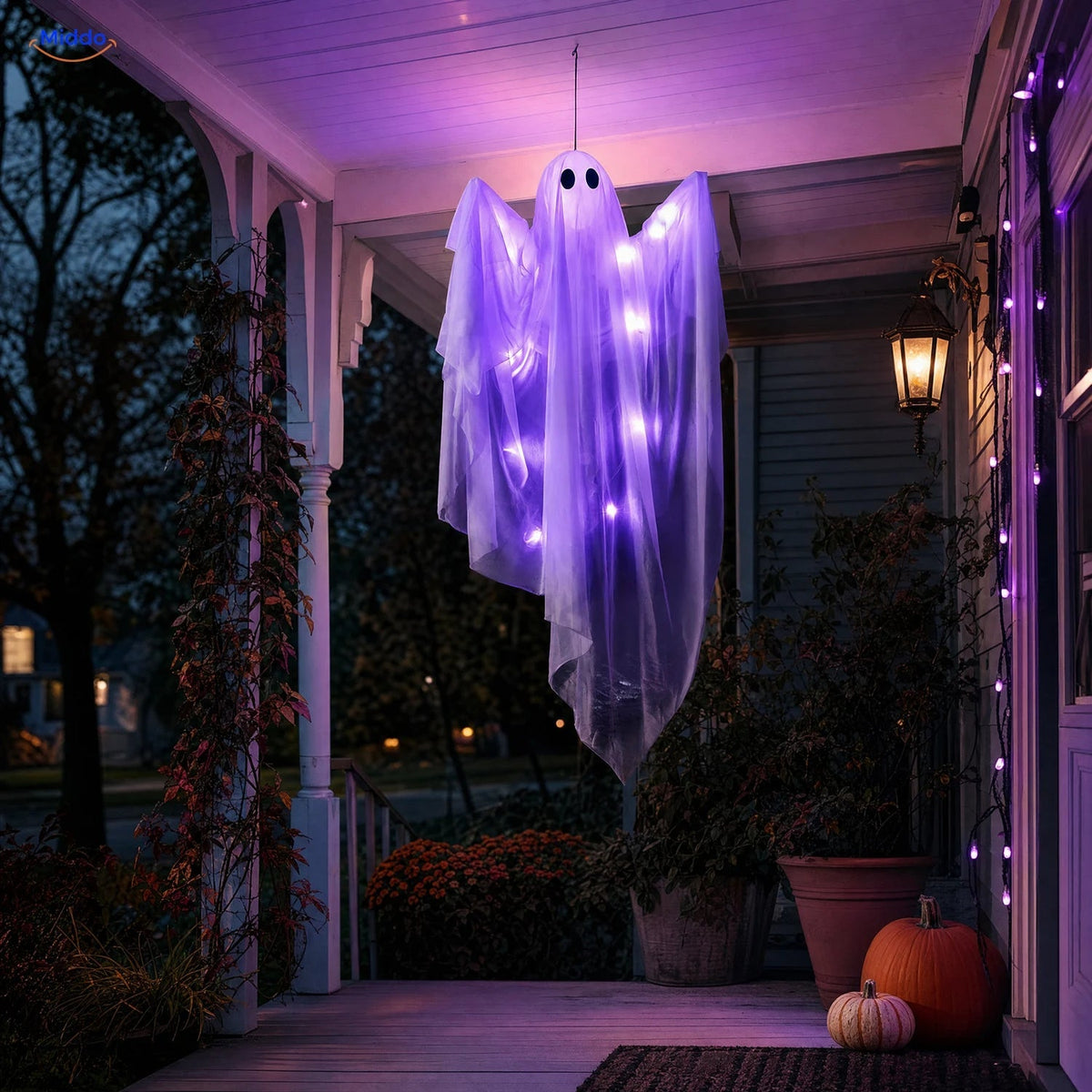 Hangend Halloween-spook 119 cm wit met zwarte ogen griezelige decoratiefiguur optioneel met LED-verlichting | Sulvida