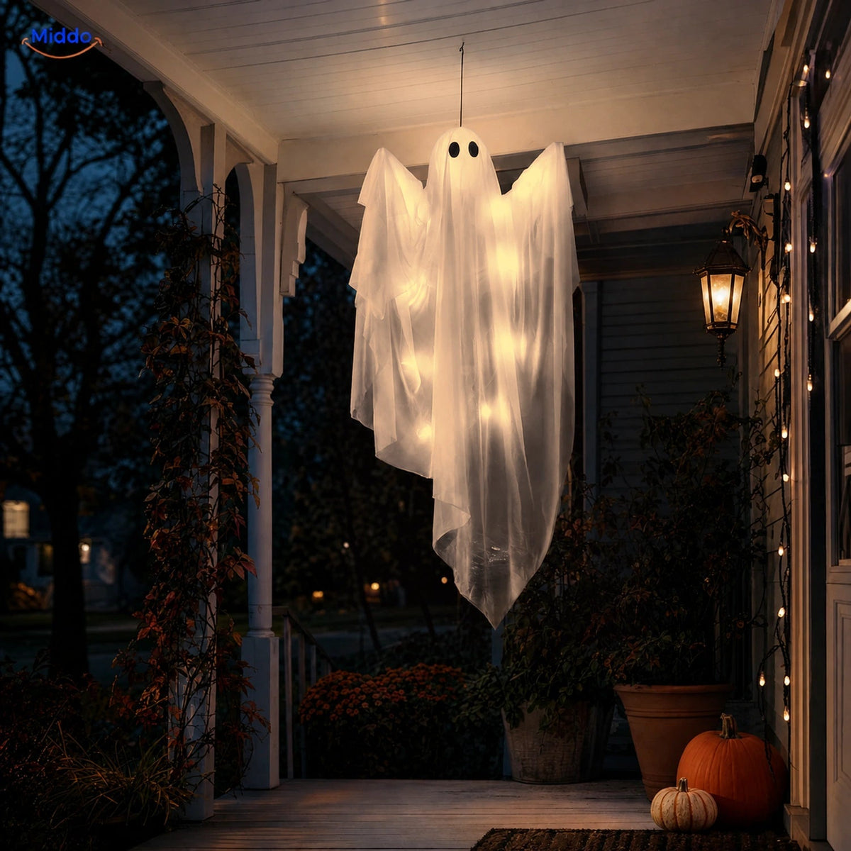 Hangend Halloween-spook 119 cm wit met zwarte ogen griezelige decoratiefiguur optioneel met LED-verlichting | Sulvida
