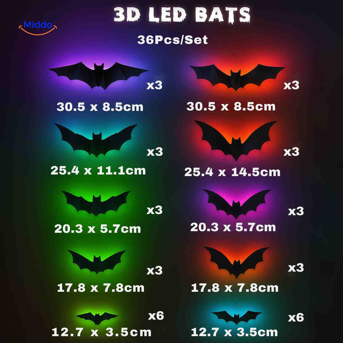 3D Wanddecoratie met LED-Verlichting Halloween Vleermuis Spin Spook Muurstickers Glow Effect Feestdecoratie | Sulvida