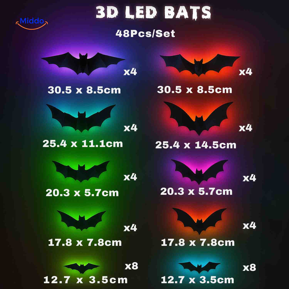 3D Wanddecoratie met LED-Verlichting Halloween Vleermuis Spin Spook Muurstickers Glow Effect Feestdecoratie | Sulvida