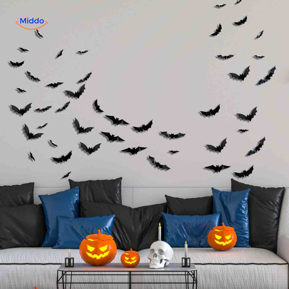 3D Wanddecoratie met LED-Verlichting Halloween Vleermuis Spin Spook Muurstickers Glow Effect Feestdecoratie | Sulvida