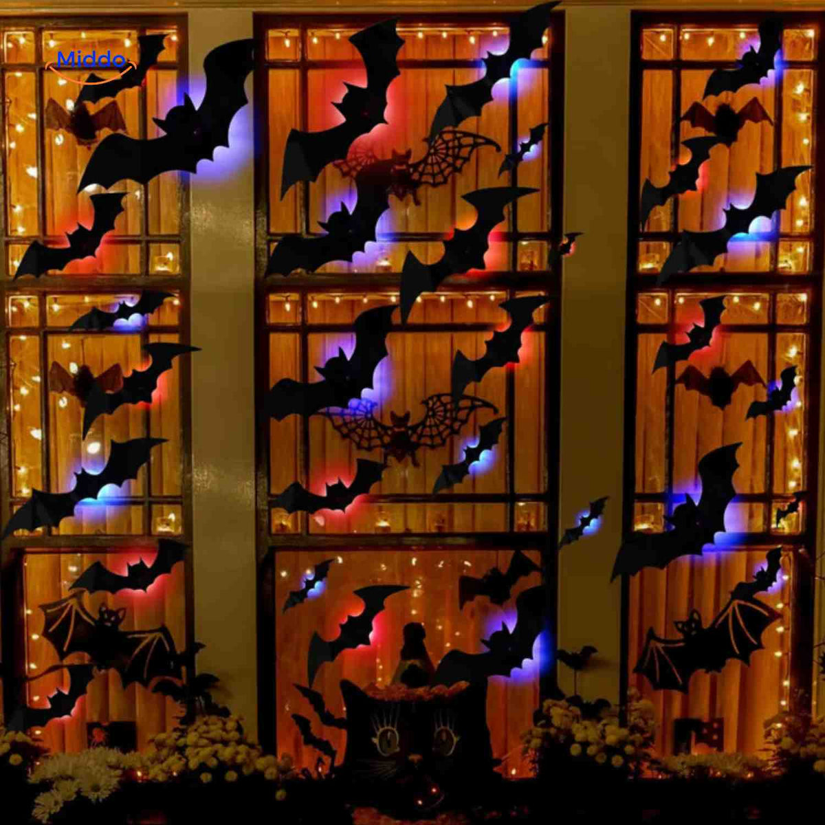 3D Wanddecoratie met LED-Verlichting Halloween Vleermuis Spin Spook Muurstickers Glow Effect Feestdecoratie | Sulvida