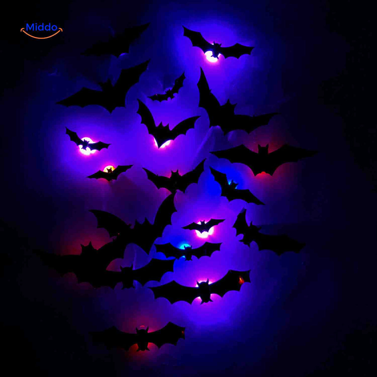 3D Wanddecoratie met LED-Verlichting Halloween Vleermuis Spin Spook Muurstickers Glow Effect Feestdecoratie | Sulvida