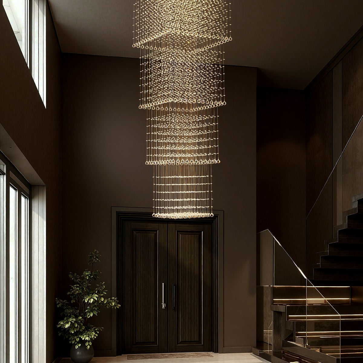 Kristallen hanglamp vierkant chroom raindrop design kroonluchter langwerpig K9 staal modern voor traphal | Sulvida