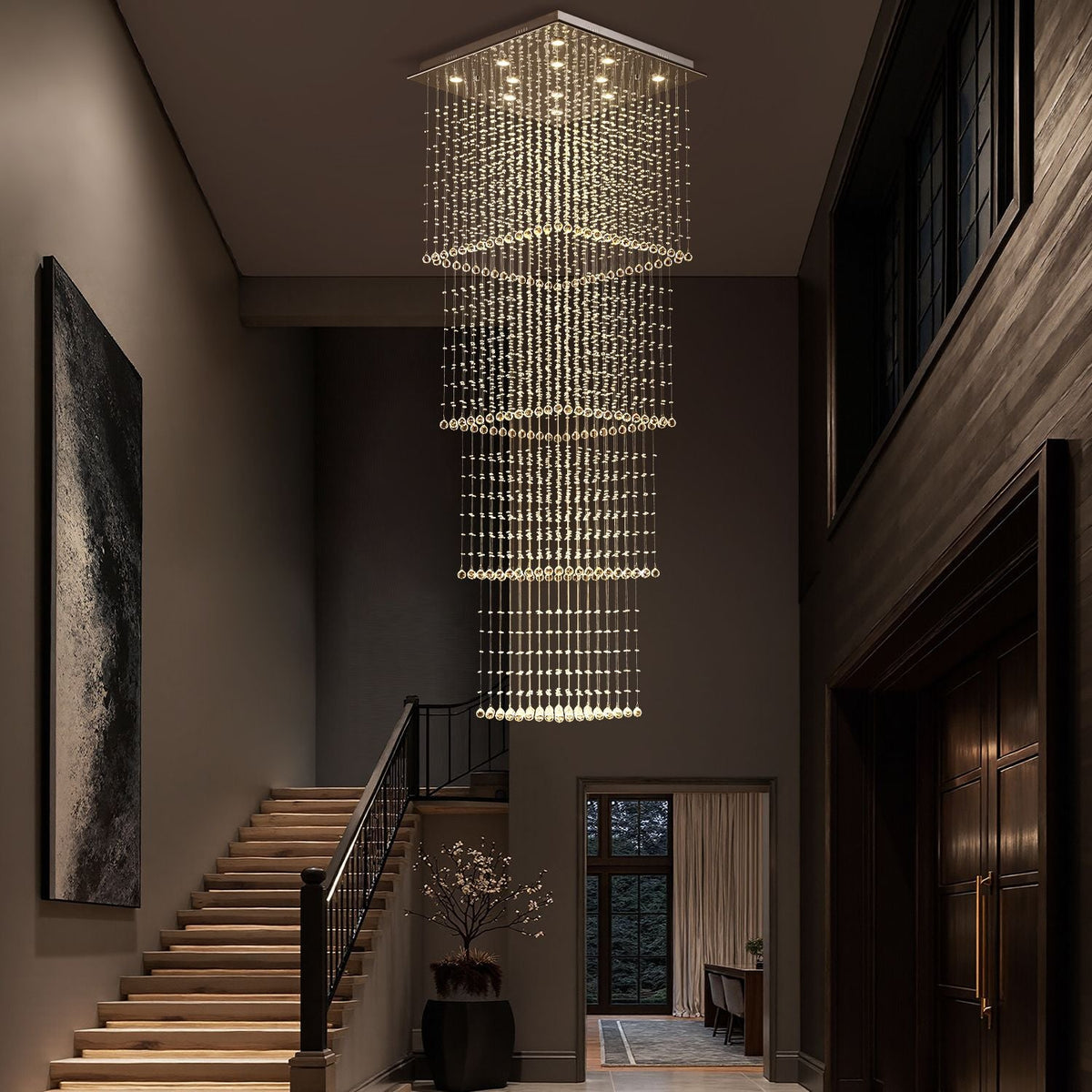Kristallen hanglamp vierkant chroom raindrop design kroonluchter langwerpig K9 staal modern voor traphal | Sulvida