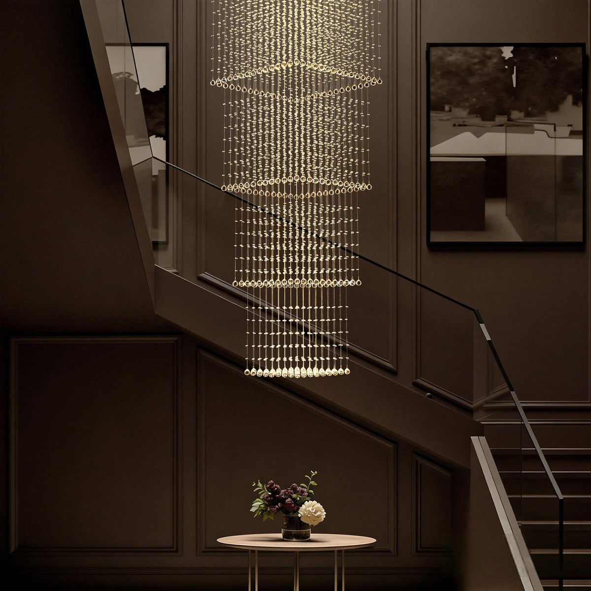 Kristallen hanglamp vierkant chroom raindrop design kroonluchter langwerpig K9 staal modern voor traphal | Sulvida
